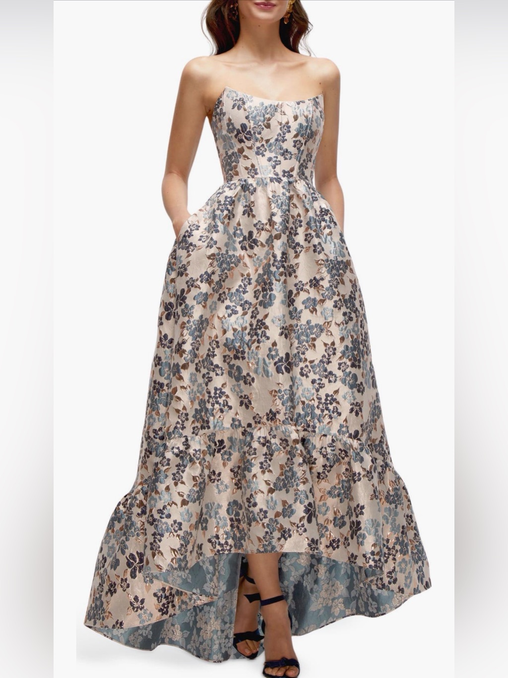 Dessy Collection Strapless Floral Dress In Cream And Blue